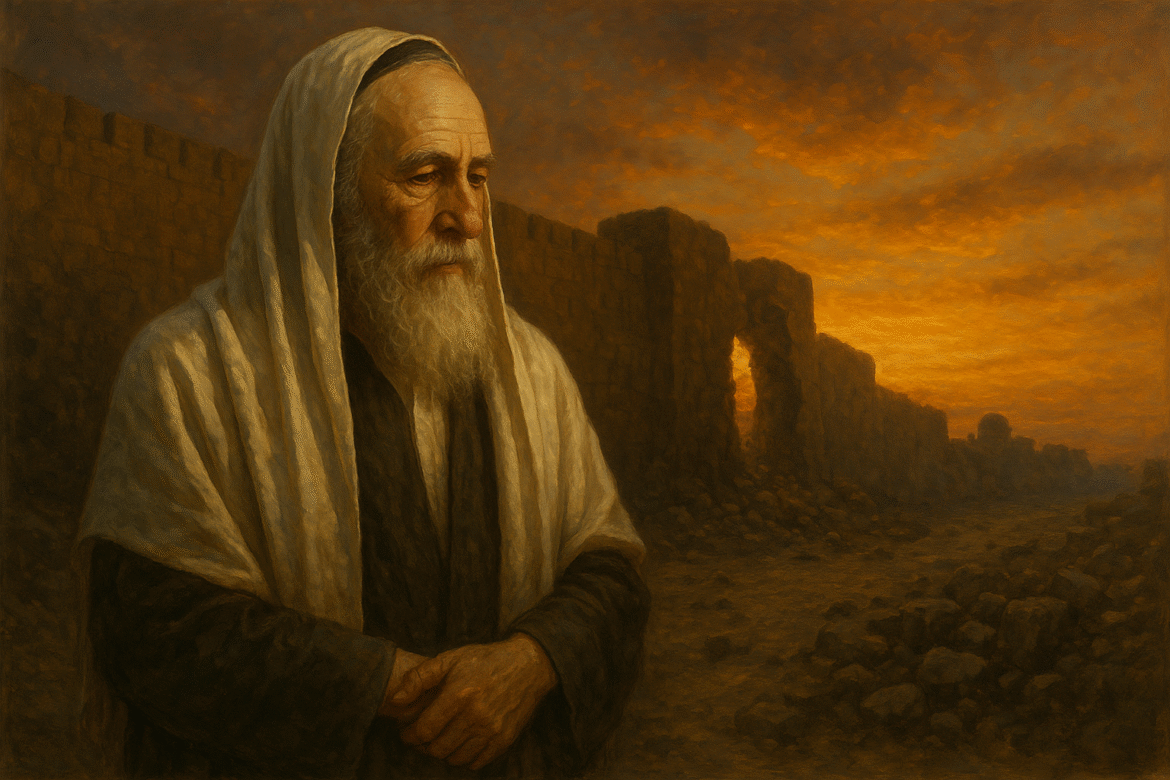 17 Tamuz Tragedy Elder Jewish man in Talis mourning the breached wall of Jerusalem
